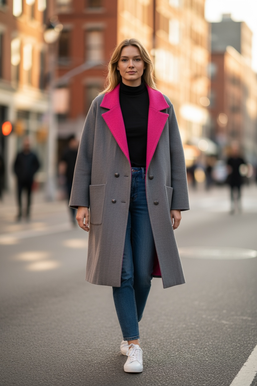 Orlinn - Ζακέτα Midi με Διπλή Απόχρωση στο Πέτο & Διακοσμητικά Χρυσά Κουμπιά Γκρι