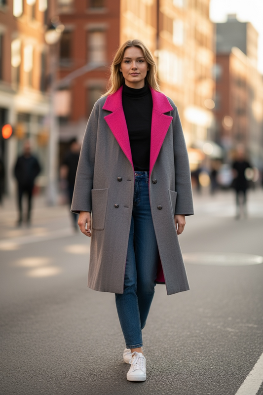 Orlinn - Ζακέτα Midi με Διπλή Απόχρωση στο Πέτο & Διακοσμητικά Χρυσά Κουμπιά Γκρι