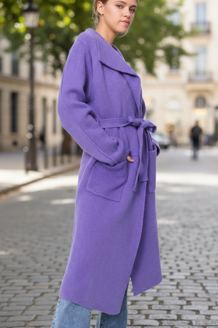 Orlinn - Μωβ Ζακέτα Midi με Τσέπες, Ζώνη & Σκισίματα στο Πλάι