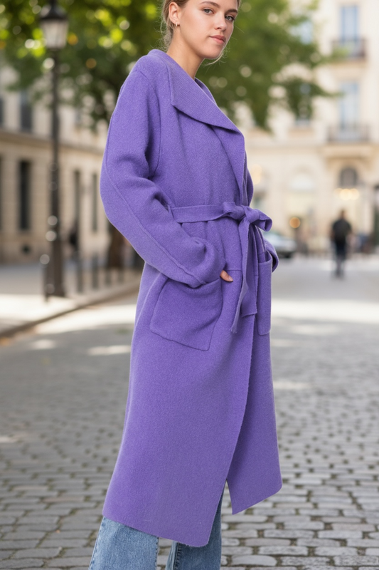 Orlinn - Μωβ Ζακέτα Midi με Τσέπες, Ζώνη & Σκισίματα στο Πλάι