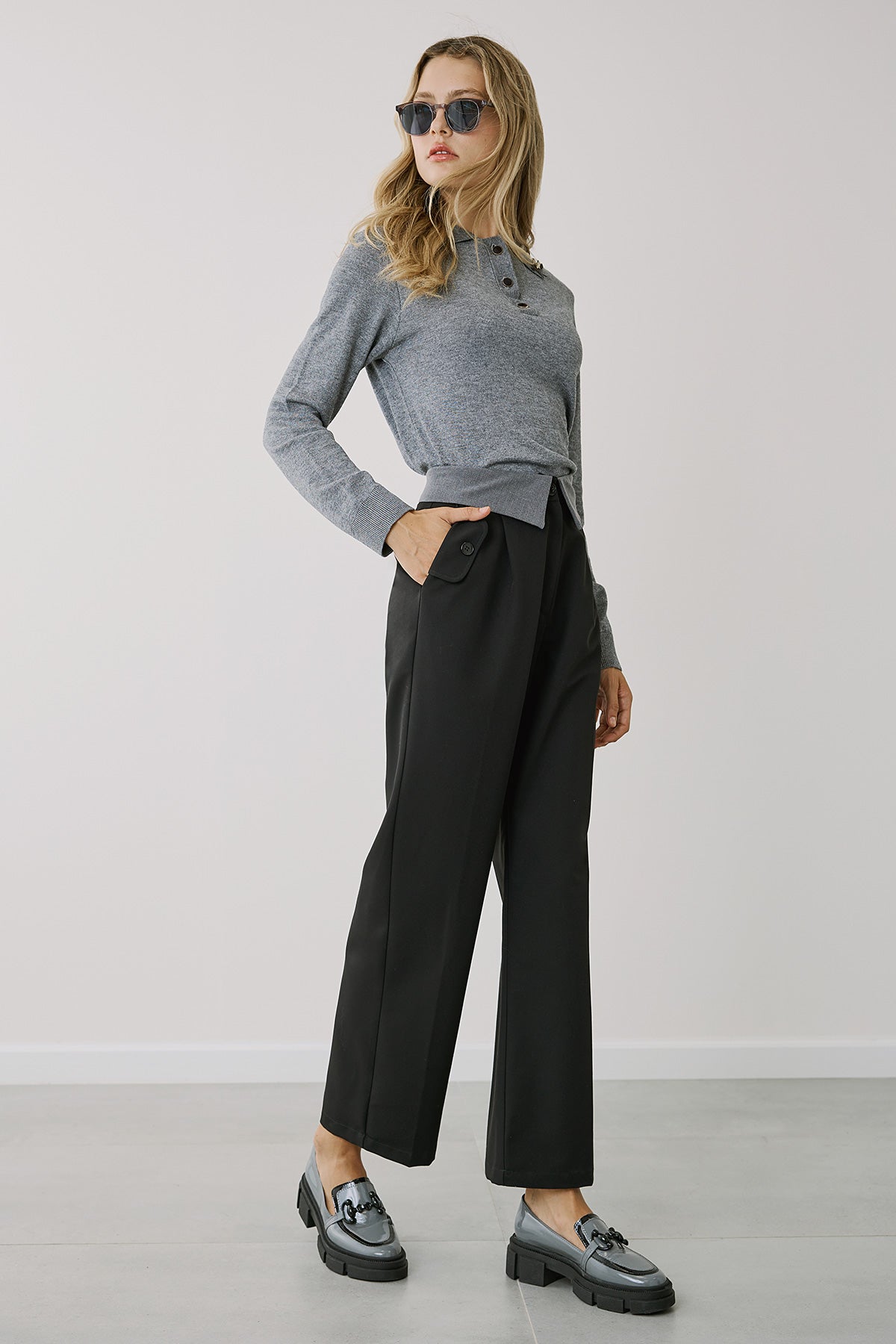 Figaro - Πλεκτή Μπλούζα Πόλο με Αστεράκια & φιόγκους Γκρι