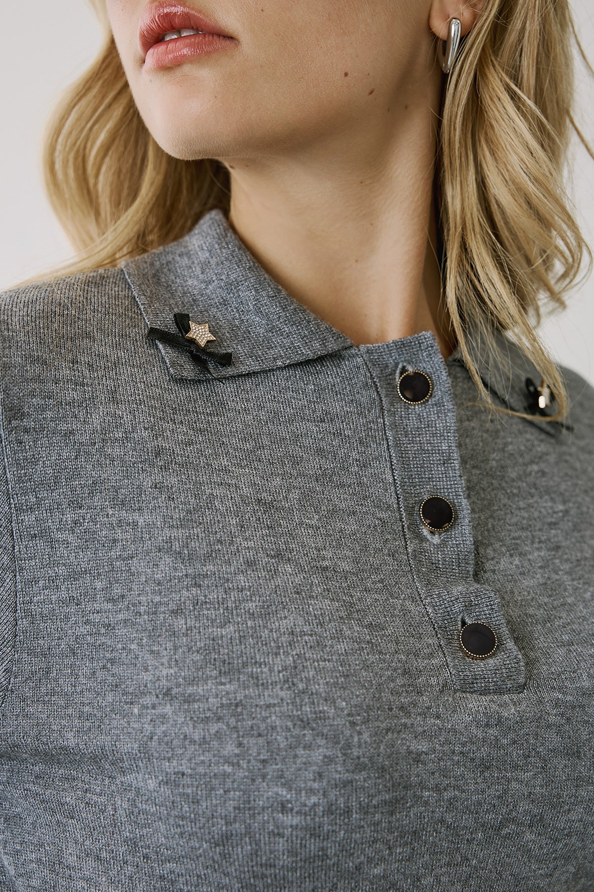 Figaro - Πλεκτή Μπλούζα Πόλο με Αστεράκια & φιόγκους Γκρι