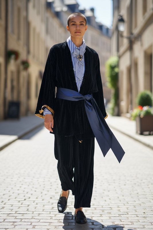 Charizma - Σετ Crushed Velvet με Ζώνη Σατέν & Φαρδιά Παντελόνα Μπλε