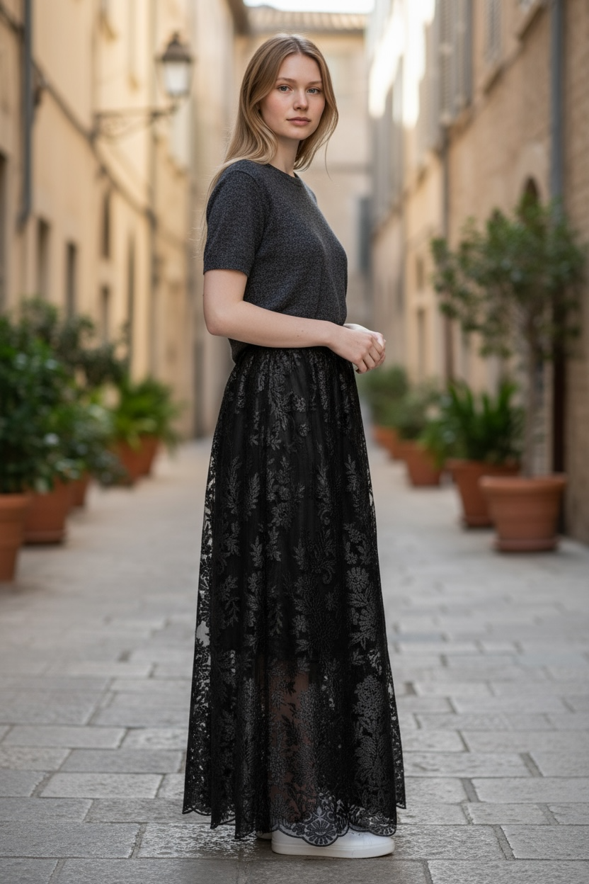 Charizma - Φούστα Maxi Δαντέλα Μαύρη