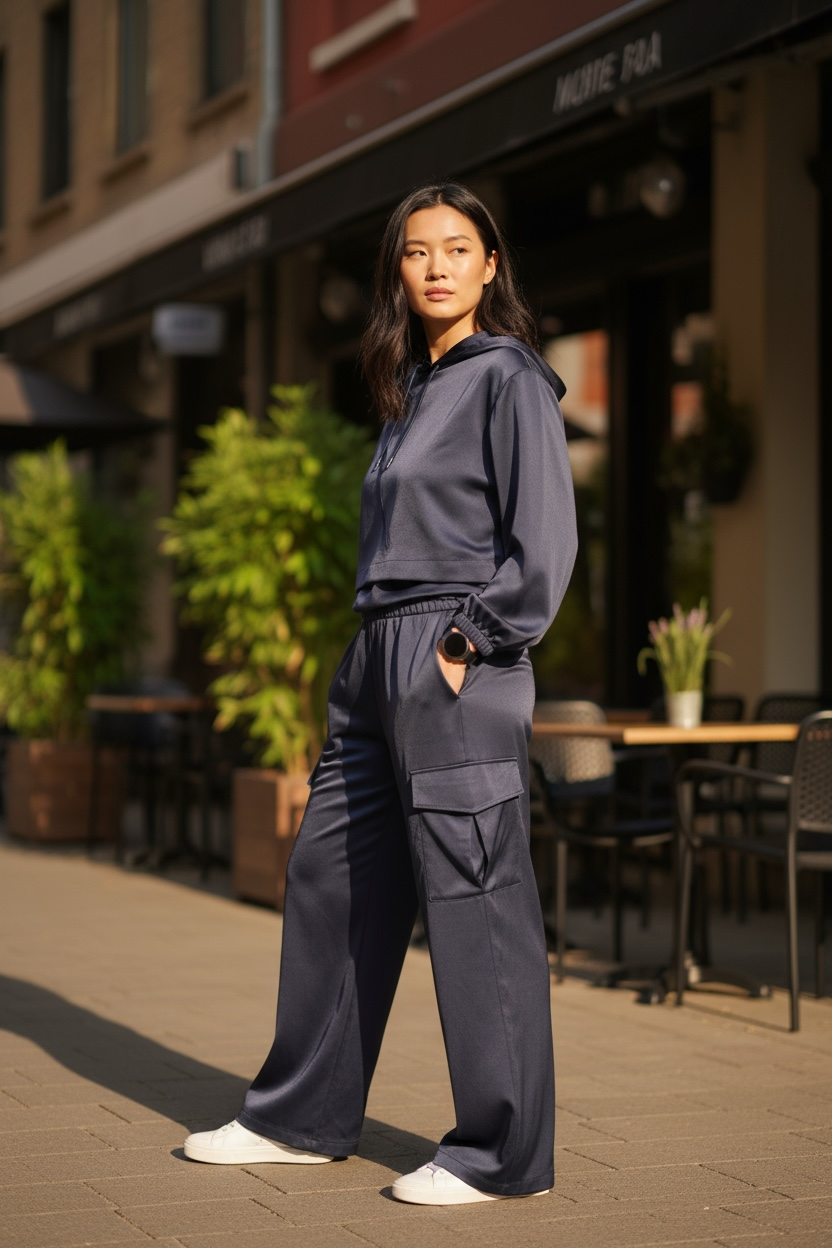 Cache Cache - Σετ Μπλούζα Σατέν Με Κουκούλα & Παντελόνα Με Τσέπες Navy