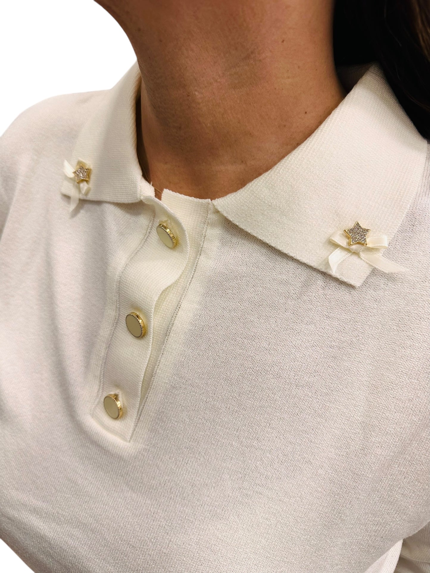 Figaro - Πλεκτή Μπλούζα Πόλο με Αστεράκια & φιόγκους Εκρού
