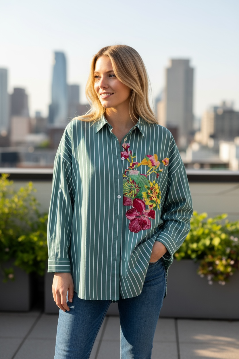 ANLYTA - Πουκάμισο Πετρολ Ριγέ Oversized Με Κέντημα