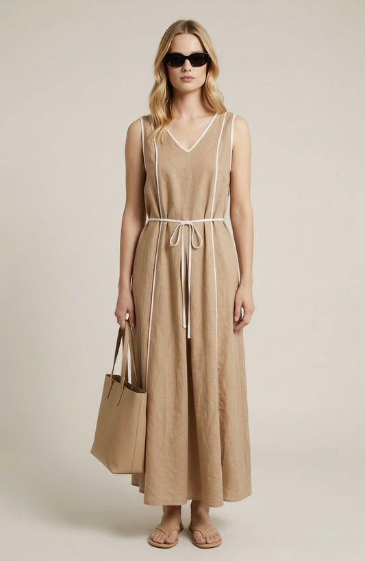 Charizma - Κάμελ αμάνικο midi φόρεμα με τσέπες και χιαστί δέσιμο στην πλάτη