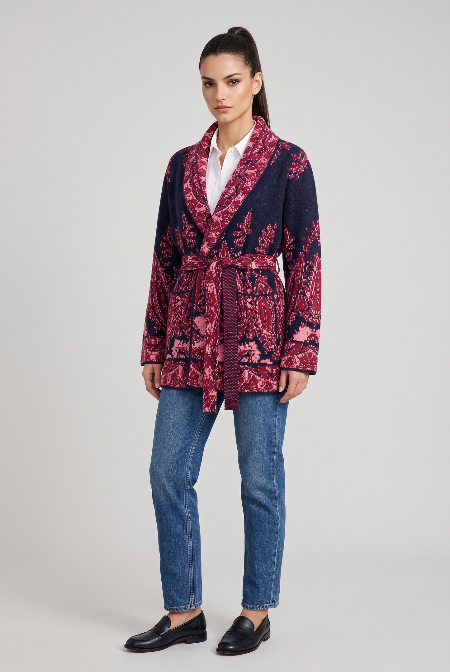 An'ge - Nadini Navy Πλεκτή Ζακέτα Kimono Jacquard με Ζώνη