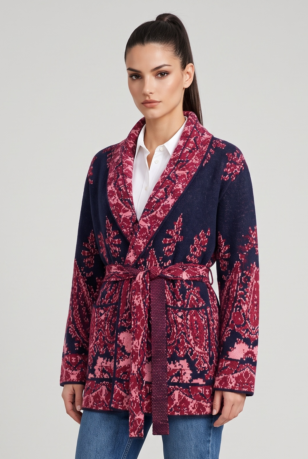 An'ge - Nadini Navy Πλεκτή Ζακέτα Kimono Jacquard με Ζώνη