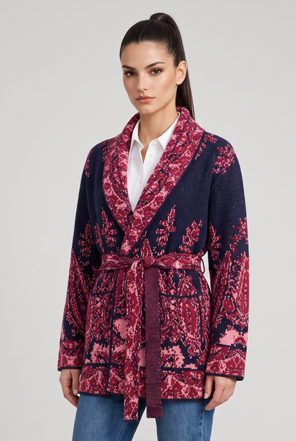 An'ge - Nadini Navy Πλεκτή Ζακέτα Kimono Jacquard με Ζώνη