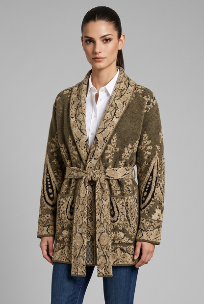 An'ge - Nadini Taupe Πλεκτή Ζακέτα Kimono Jacquard με Ζώνη