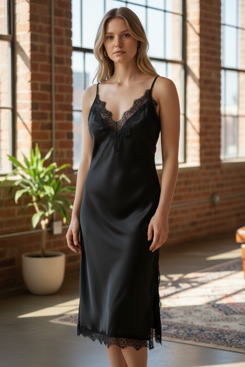 Charizma -Σατέν Φόρεμα με Δαντέλα & Πλαϊνό Σκίσιμο Μαύρο