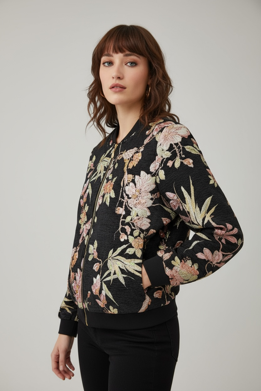 Charizma - Πανωφόρι Bomber με Ανάγλυφο Ανθοκέντημα & Παγιέτες Μαύρο