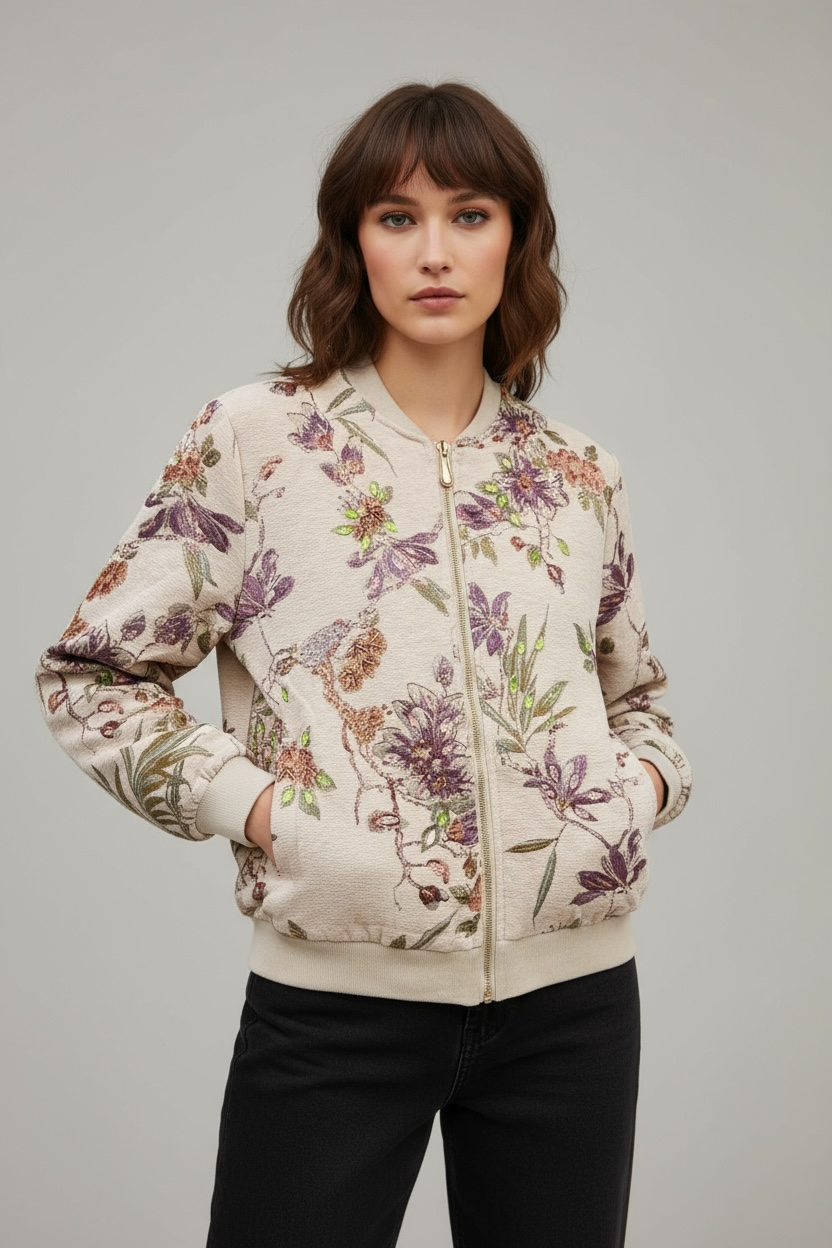 Charizma - Πανωφόρι Bomber με Ανάγλυφο Ανθοκέντημα & Παγιέτες Μπεζ