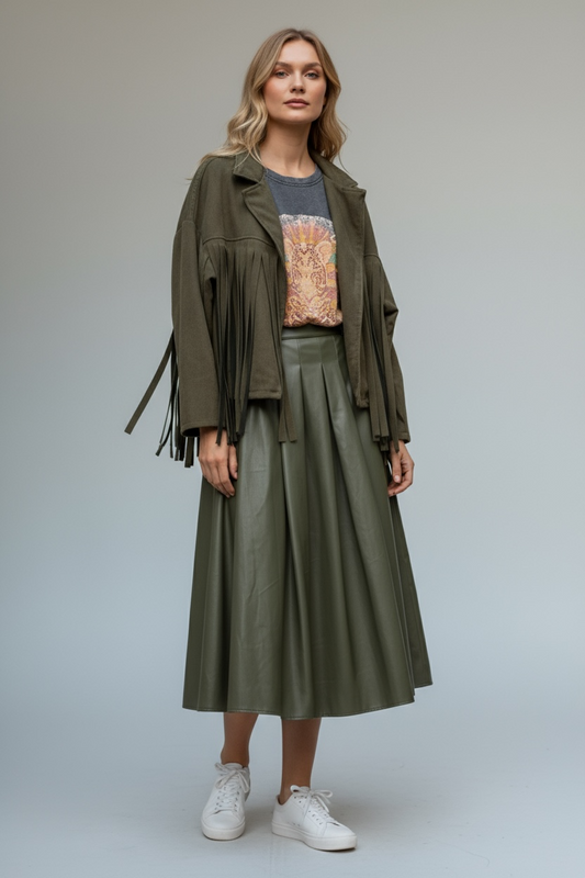 Charizma - Δερματίνη Φούστα με Πιέτες Χακί