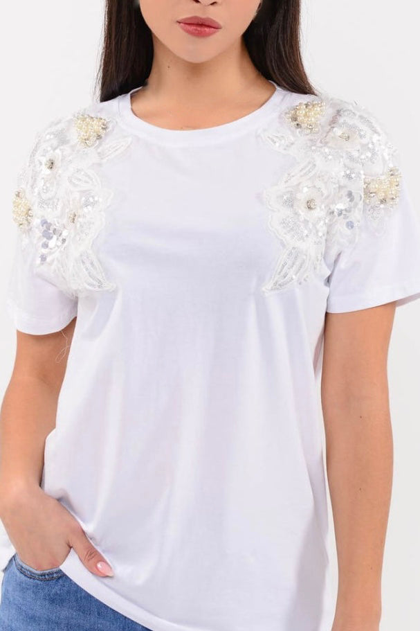 Charizma Μπλούζα T-shirt Κέντημα Στρας Λευκό