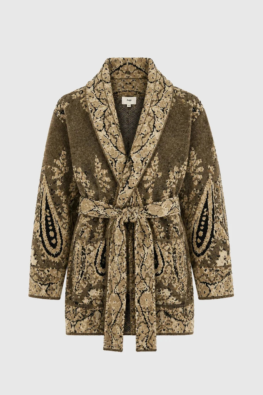 An'ge - Nadini Taupe Πλεκτή Ζακέτα Kimono Jacquard με Ζώνη