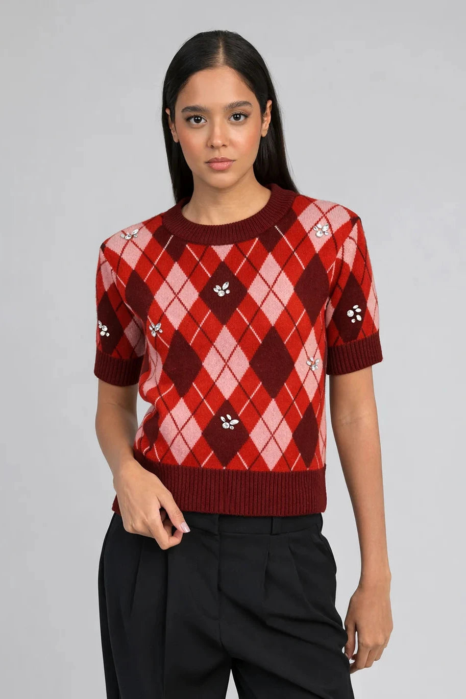 An'ge - Nadriana Cherry Πλεκτό Top Jacquard με Κεντημένα Διακοσμητικά