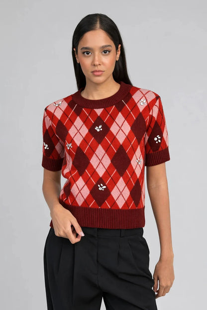 An'ge - Nadriana Cherry Πλεκτό Top Jacquard με Κεντημένα Διακοσμητικά
