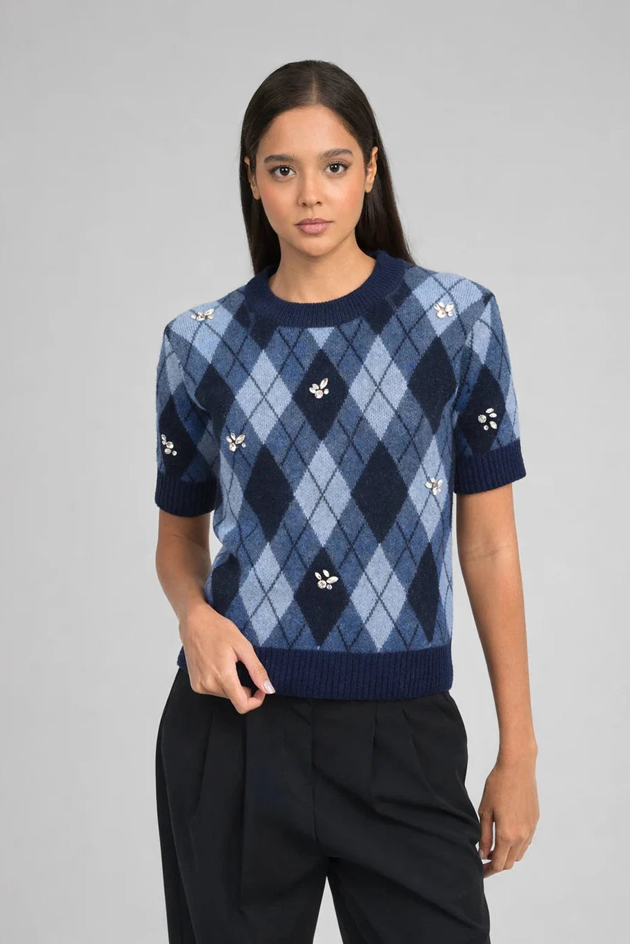 An'ge - Nadriana Marine Πλεκτό Top Jacquard με Κεντημένα Διακοσμητικά