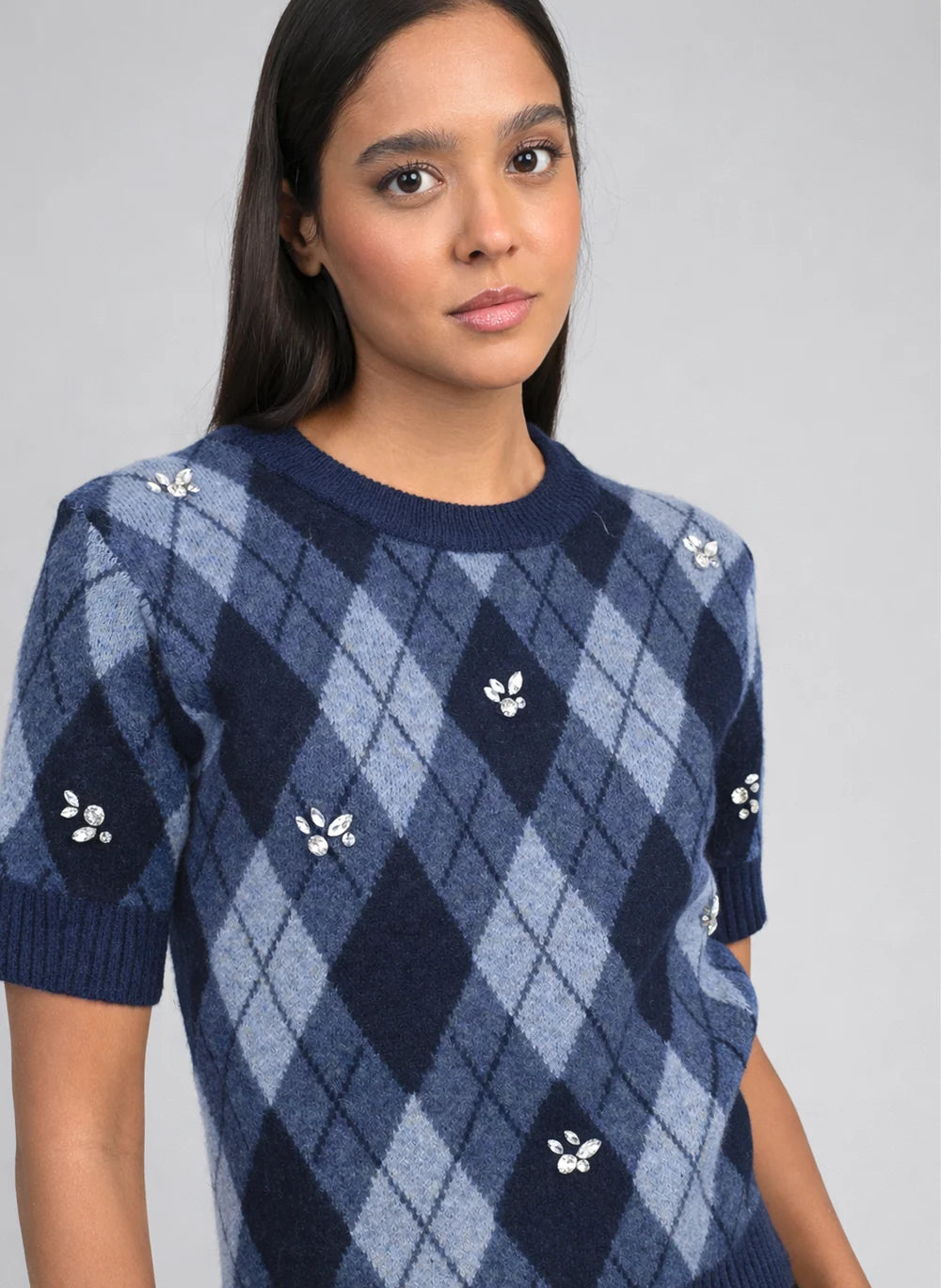 An'ge - Nadriana Marine Πλεκτό Top Jacquard με Κεντημένα Διακοσμητικά