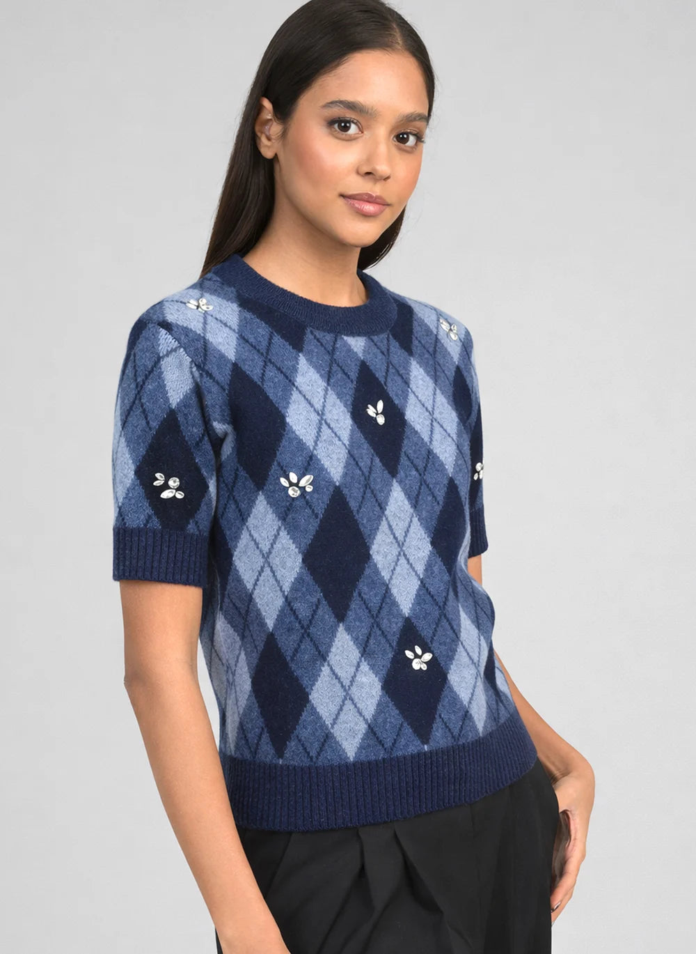An'ge - Nadriana Marine Πλεκτό Top Jacquard με Κεντημένα Διακοσμητικά