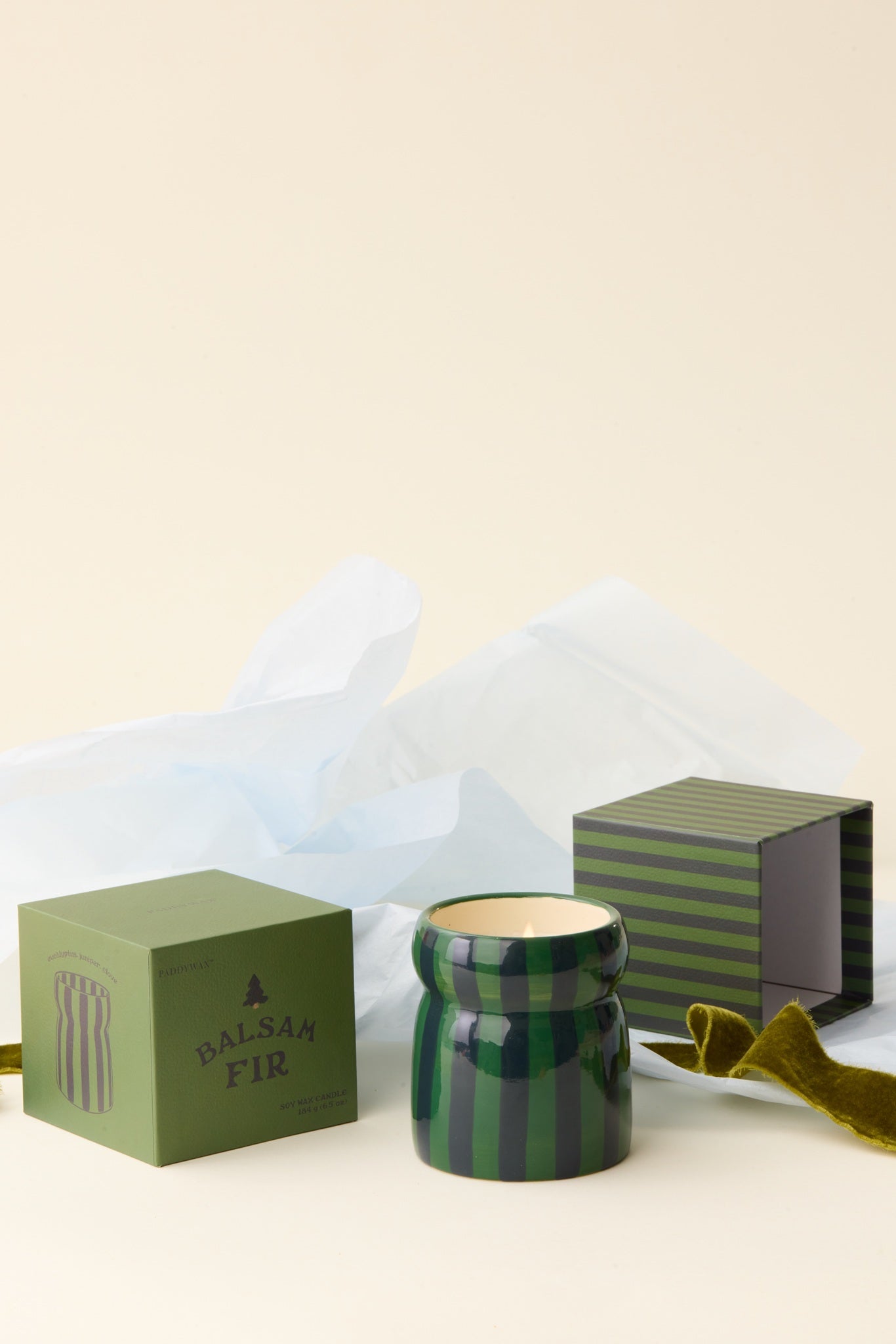 Paddywax Cabana Balsam Fir - Φυτικό Κερί 184gr σε πράσινο ριγέ κεραμικό δοχείο