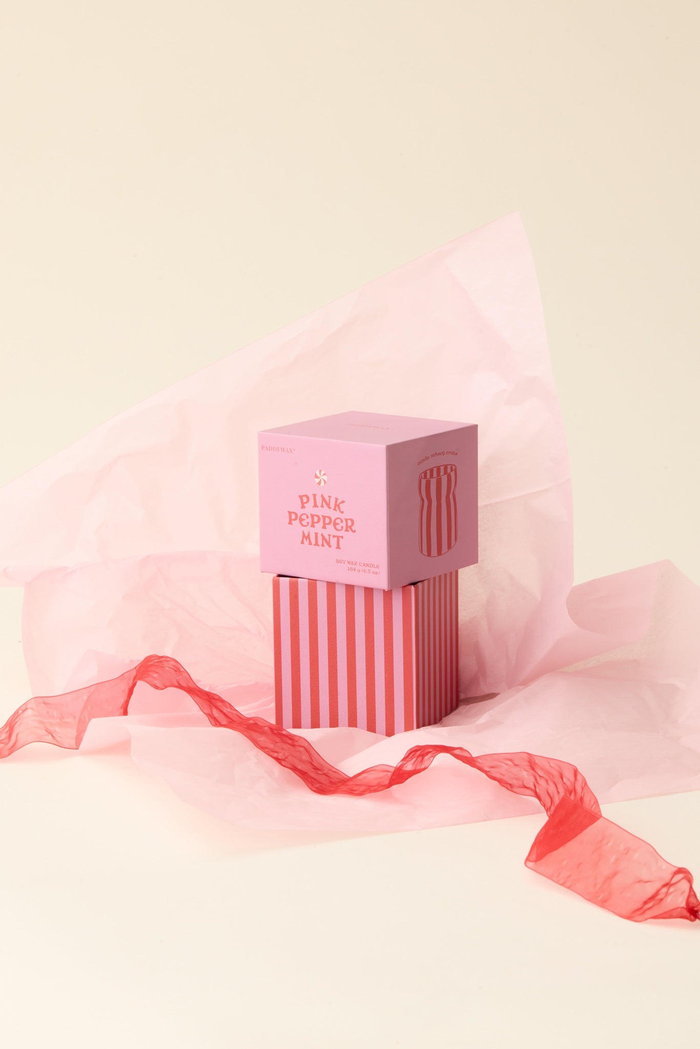 Paddywax Cabana Pink Peppermint - Φυτικό Κερί 184gr σε ροζ ριγέ κεραμικό δοχείο