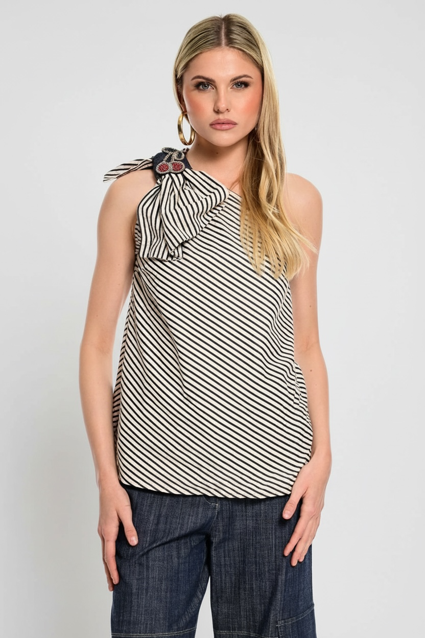 We Coss - Ριγέ One Shoulder Top με Τζιν & Διακοσμητικό με στρας