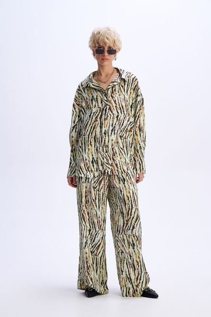 C9 Cloud 9 Desert Bloom  -  Σετ Πράσινο Animal Printed Oversized Πουκάμισο & Παντελόνι