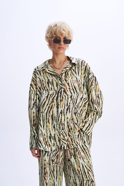 C9 Cloud 9 Desert Bloom  -  Σετ Πράσινο Animal Printed Oversized Πουκάμισο & Παντελόνι