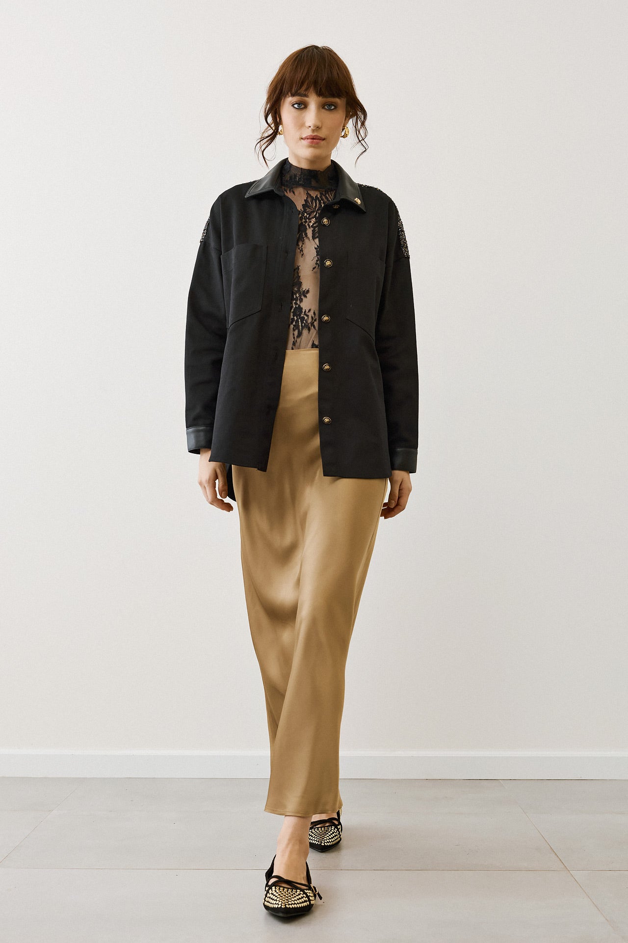 Figaro - Μπλούζα Δαντέλα με Μακρύ Μανίκι & Ψηλό Γιακά