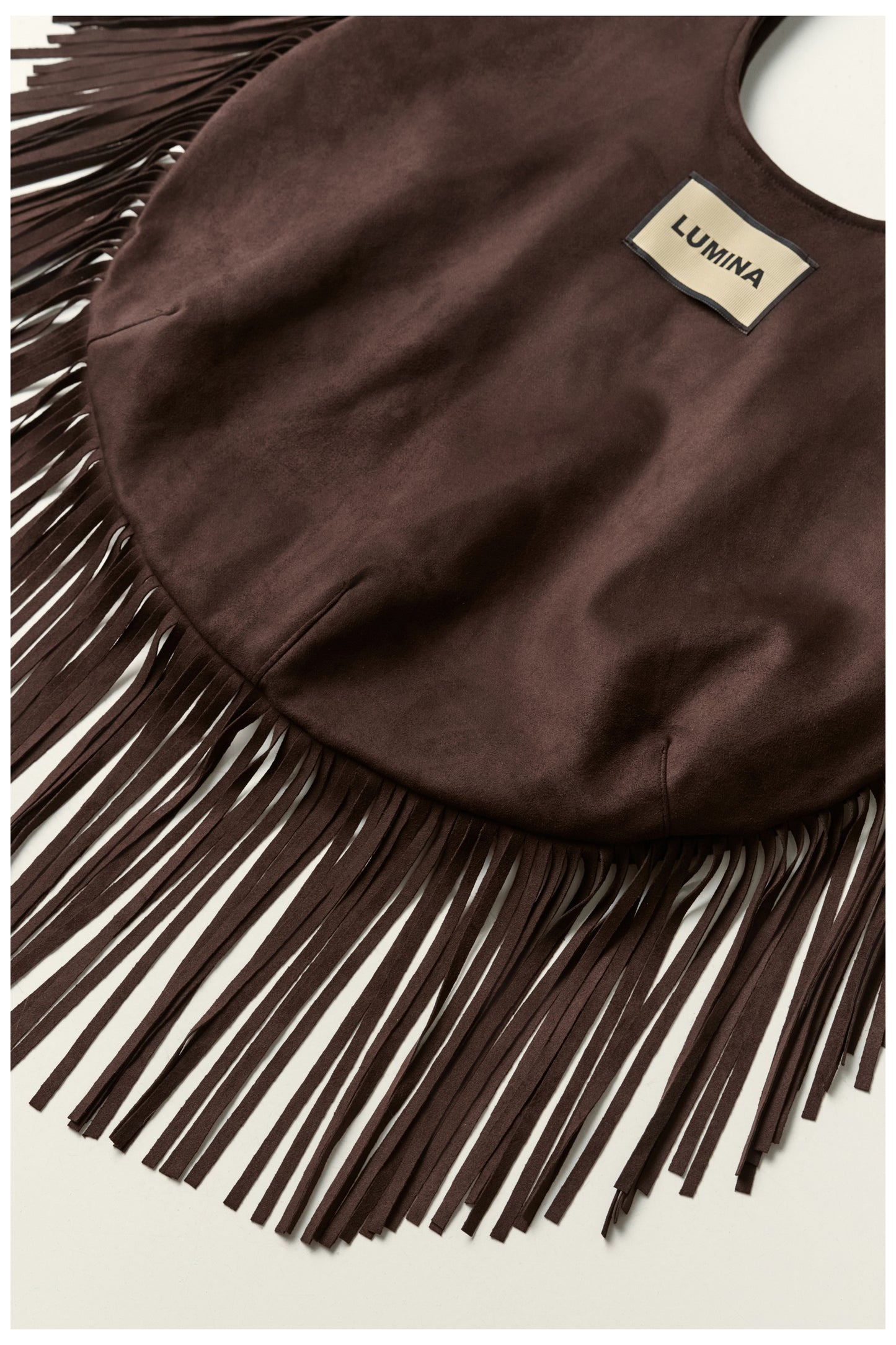 Lumina- Fringe Τσάντα Suede με Μεταξένια Σατέν Επένδυση Καφέ