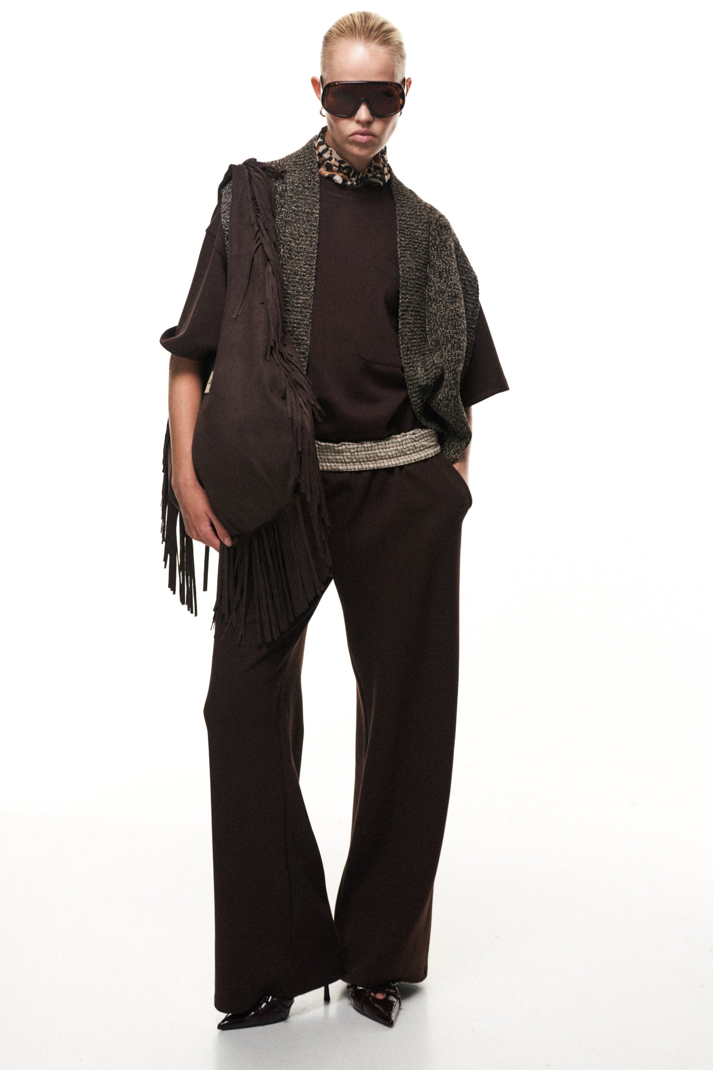 Lumina- Fringe Τσάντα Suede με Μεταξένια Σατέν Επένδυση Καφέ