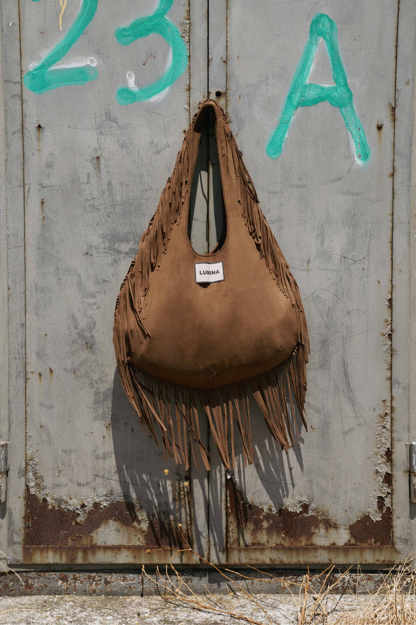 Lumina- Fringe Τσάντα Suede με Μεταξένια Σατέν Επένδυση Καμηλό