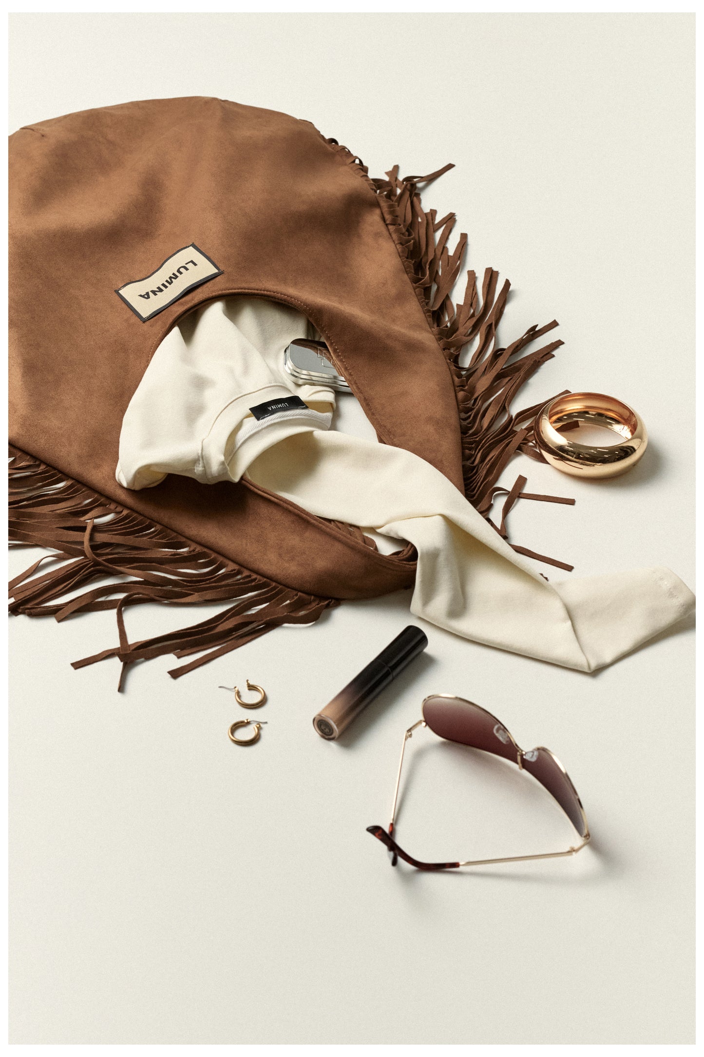 Lumina- Fringe Τσάντα Suede με Μεταξένια Σατέν Επένδυση Καμηλό