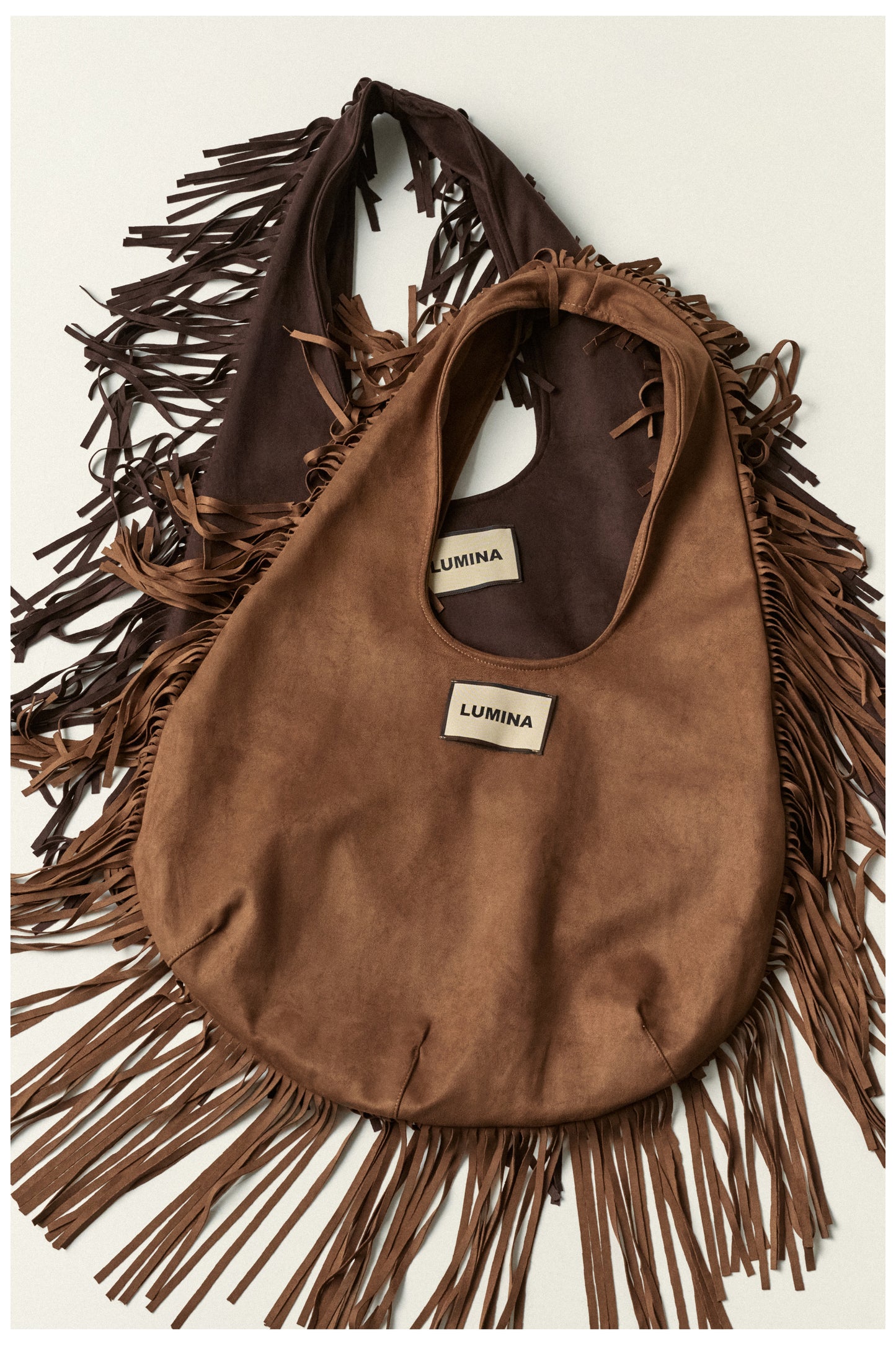 Lumina- Fringe Τσάντα Suede με Μεταξένια Σατέν Επένδυση Καμηλό