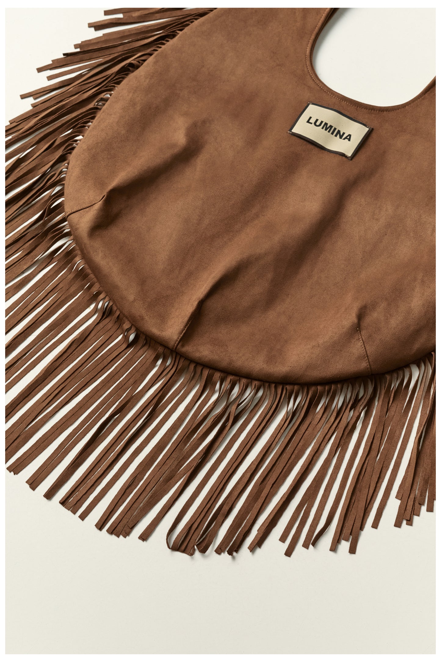 Lumina- Fringe Τσάντα Suede με Μεταξένια Σατέν Επένδυση Καμηλό