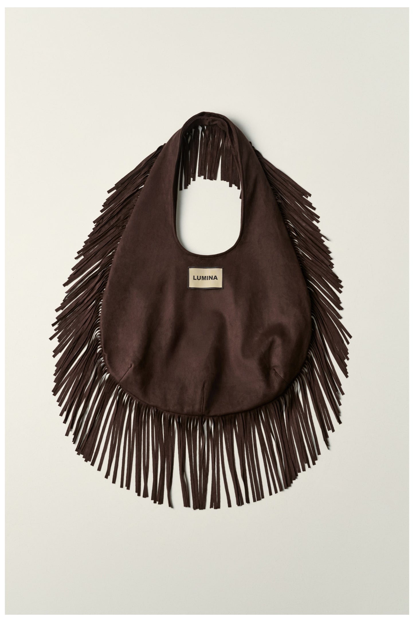 Lumina- Fringe Τσάντα Suede με Μεταξένια Σατέν Επένδυση Καφέ